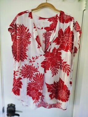 Part Two Copenhagen Red White Floral V-Neck Blouse Cap Sleeve Top Sz 42 (L/XL)